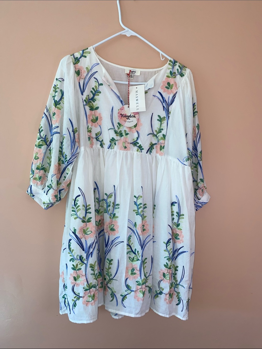 Mayoral White Dress with Pink Floral & Blue Green Embroidery